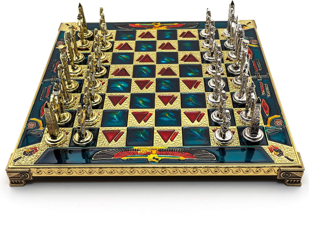 Handmade Egyptian Metal Chess Set in Wooden Box