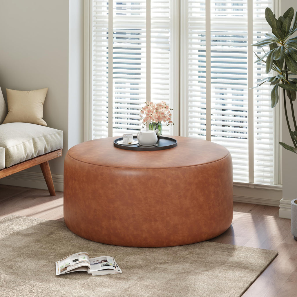 30.25" Modern Upholstered Round PU Leather Ottoman, Multifunctional Extra Seat, Side Table, Foot Rest, Stuffed Pouf