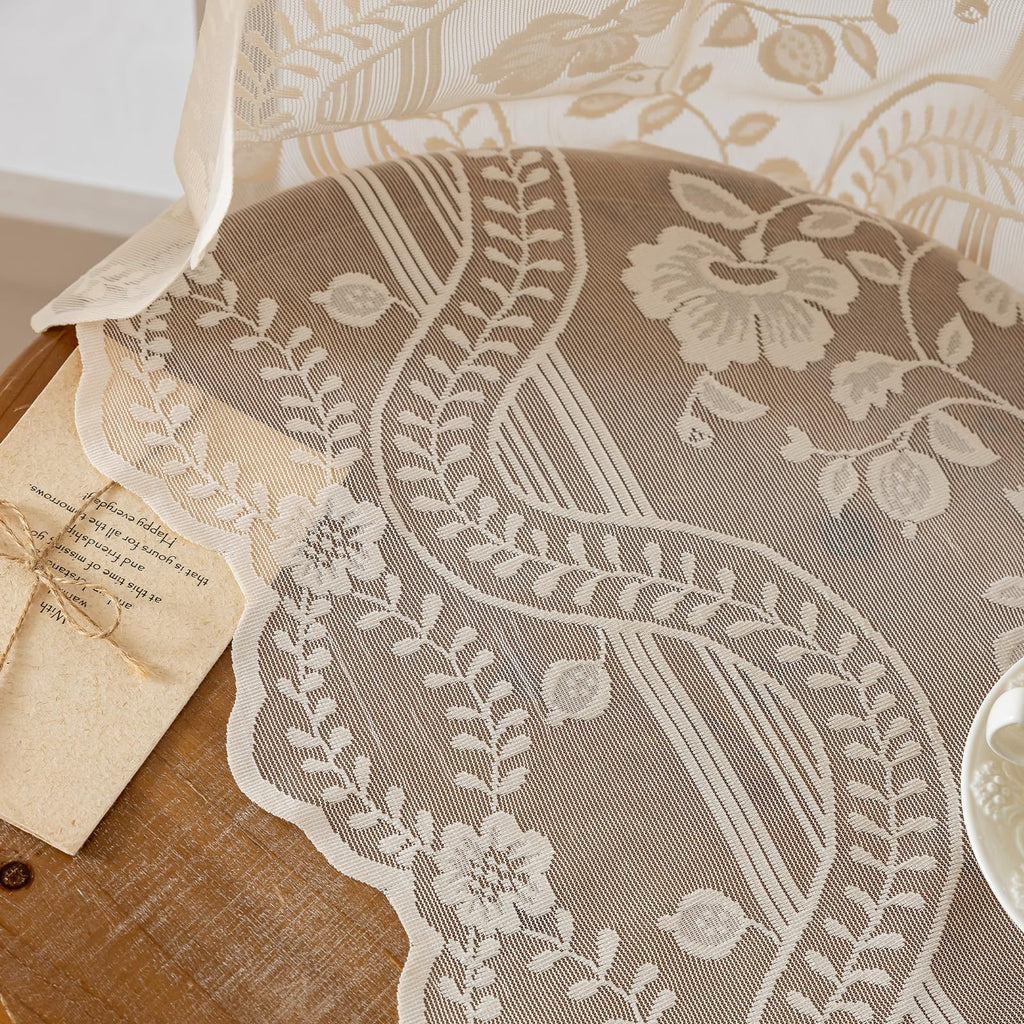 Beige Lace Curtains 84 Inches Long 2 Panels Vintage Floral Pattern