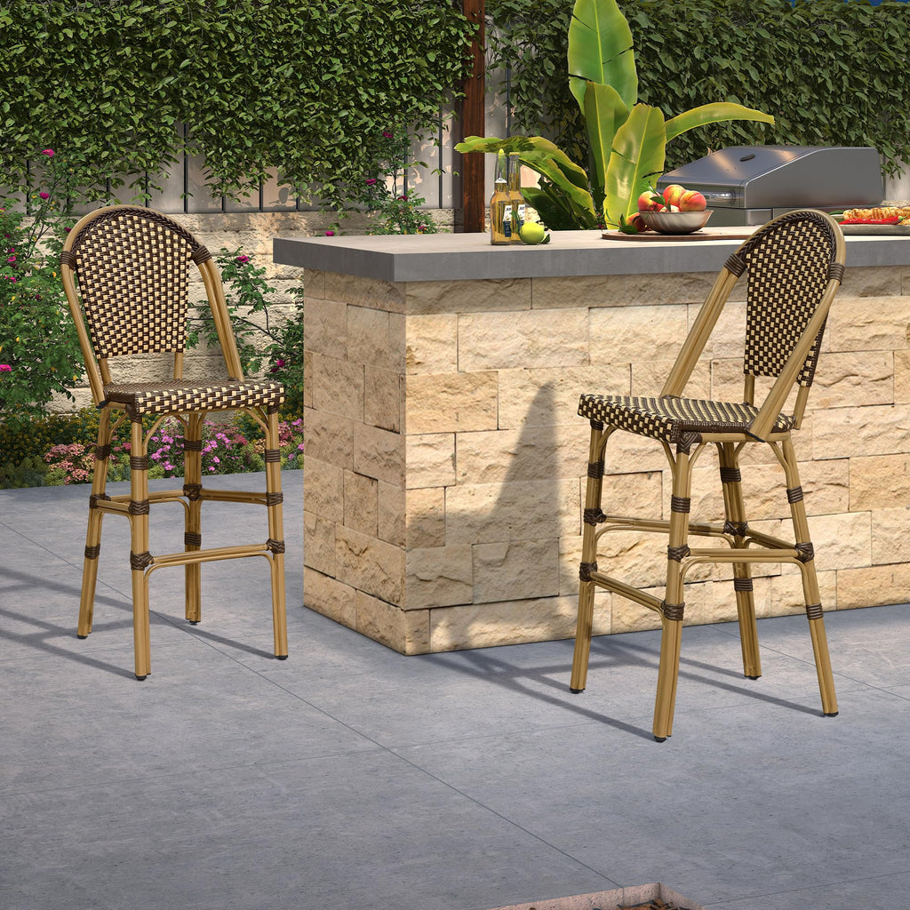 Bar Stools French Rattan 30" Set of 2 High-Back, Brown