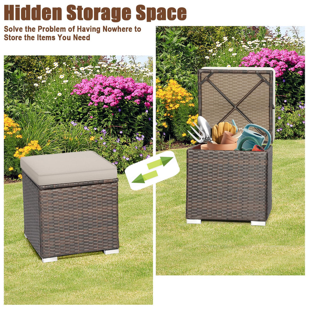 Wicker Outdoor Storage Ottoman, 2-Piece Rattan Footstool w/Removable Cushion, Multipurpose Footrest Stool Side Table
