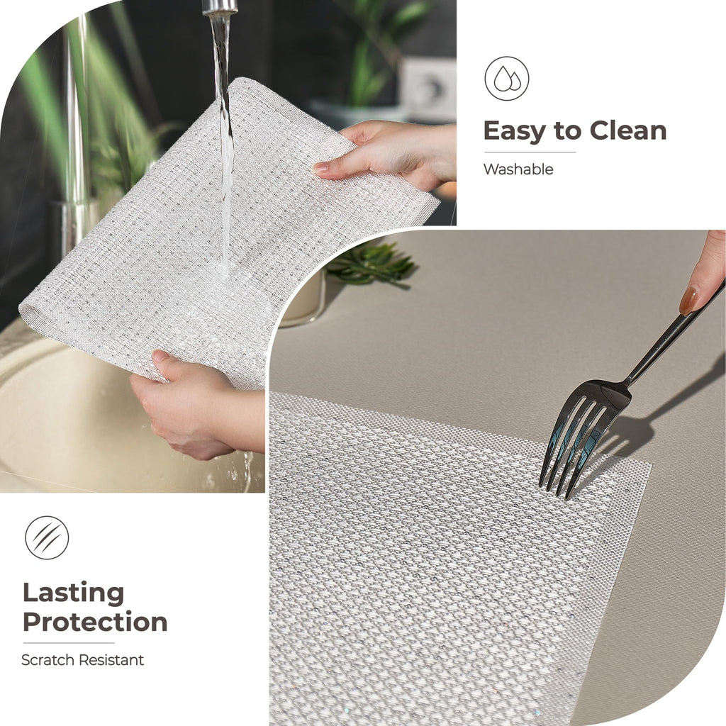 Woven Vinyl Placemats Set of 4, White Sequin