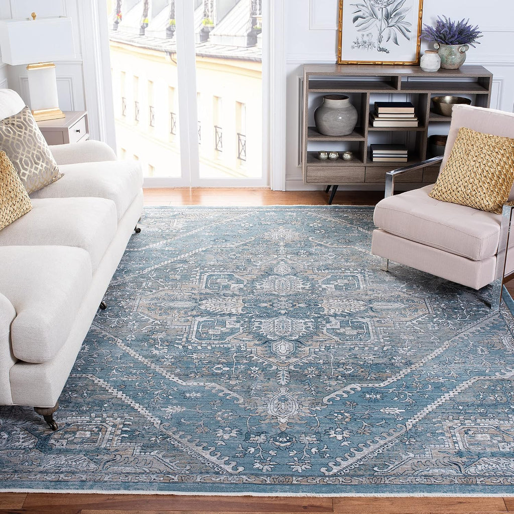 Victoria Area Rug - 10' x 14', Blue & Grey, Vintage Traditional Distressed Design, Non-Shedding & Easy Care