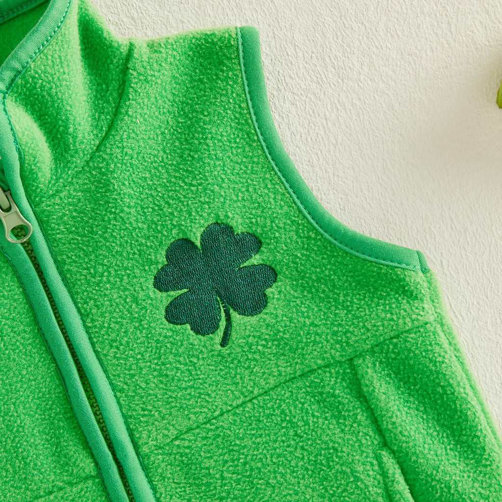 Toddler Irish Fleece Vest Jacket Clover Embroidered Sleeveless Zip-up Coat with Pockets for Baby Girls Boys