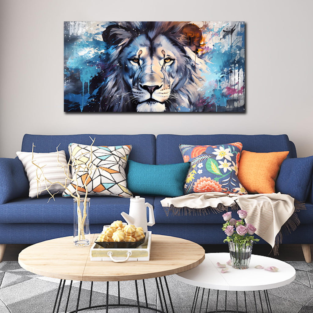 Lion Canvas Wall Art, Blue Print Painting, Animal Picture Decor, Large Size 48x24 Inches