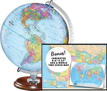 Student - Educational Classic World globe, Blue Ocean, Raised Relief feature, including a bonus map, made in USA