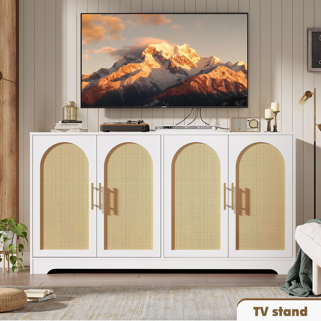 59" Rattan Sideboard Buffet Cabinet - Large Storage Cabinet with 4 Doors, Modern Console Table Accent Coffee Bar