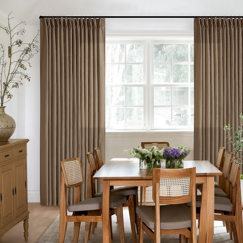 Dark Brown Linen Semi Sheer Pinch Pleated Curtains 108 Inches Long 2 Panels