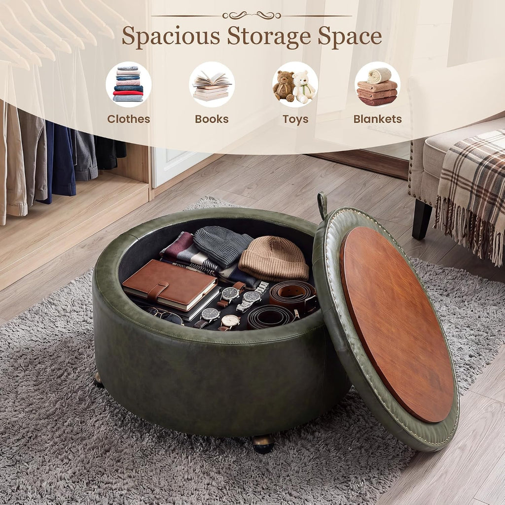 29" Large Round Storage Ottoman with Tray , Green | Ottoman with Tray & Wheels, Round Coffee Table, Footrest Stool