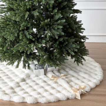 60-Inch Puff Quilt Faux Fur Christmas Tree Skirt, Soft Plush Tufted Texture with Satin Ribbon Ties, Cream