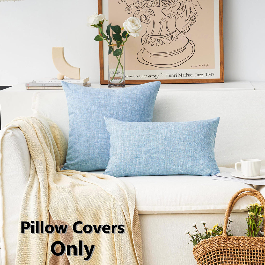 Set of 2 Farmhouse Pilloe Covers 22x22 Blue Lined Linen Euro Pillow Covers 55x55 cm 22 inch, Light Blue