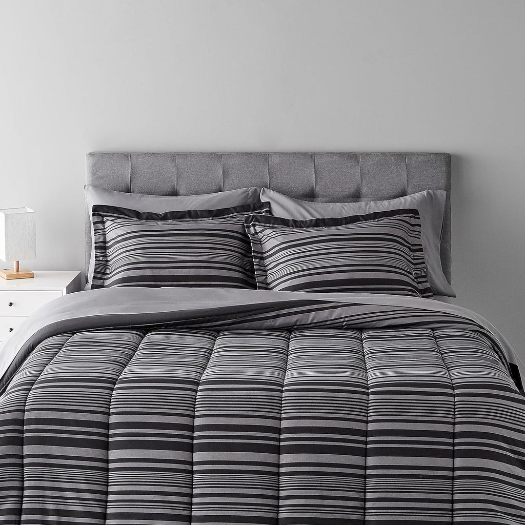 Full/Queen Comforter Set with Sheets, 7-Piece Gray Calvin Stripe Bedding, Lightweight Microfiber Bed-in-a-Bag, Striped