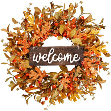Artificial Fall Wreath - 18'' Autumn Front Door Wreath with Fall Leaves, Small Pumpkins, Cluster of Berries for