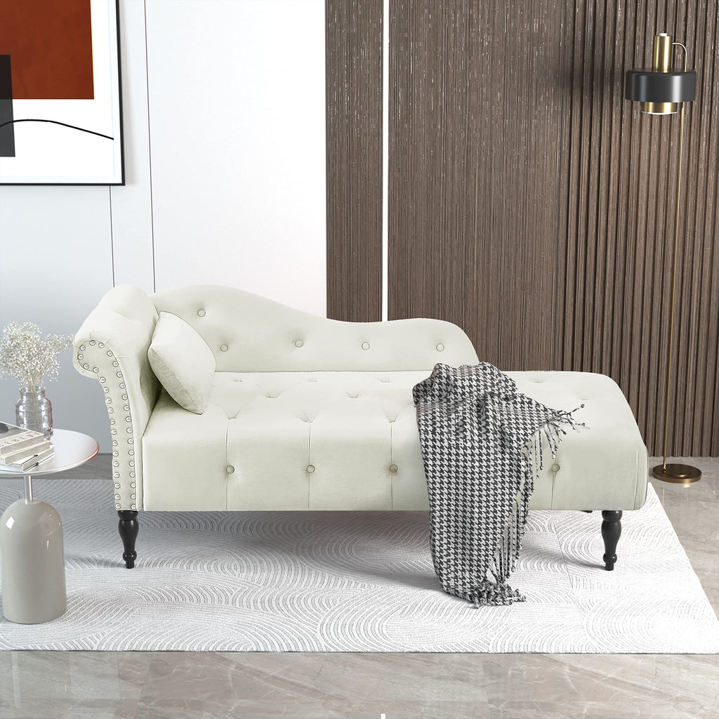60" Chaise Lounge Indoor Velvet Button Tufted with Pillow, Nailhead Decorate Rolled Arm Chaise Lounge Living Room