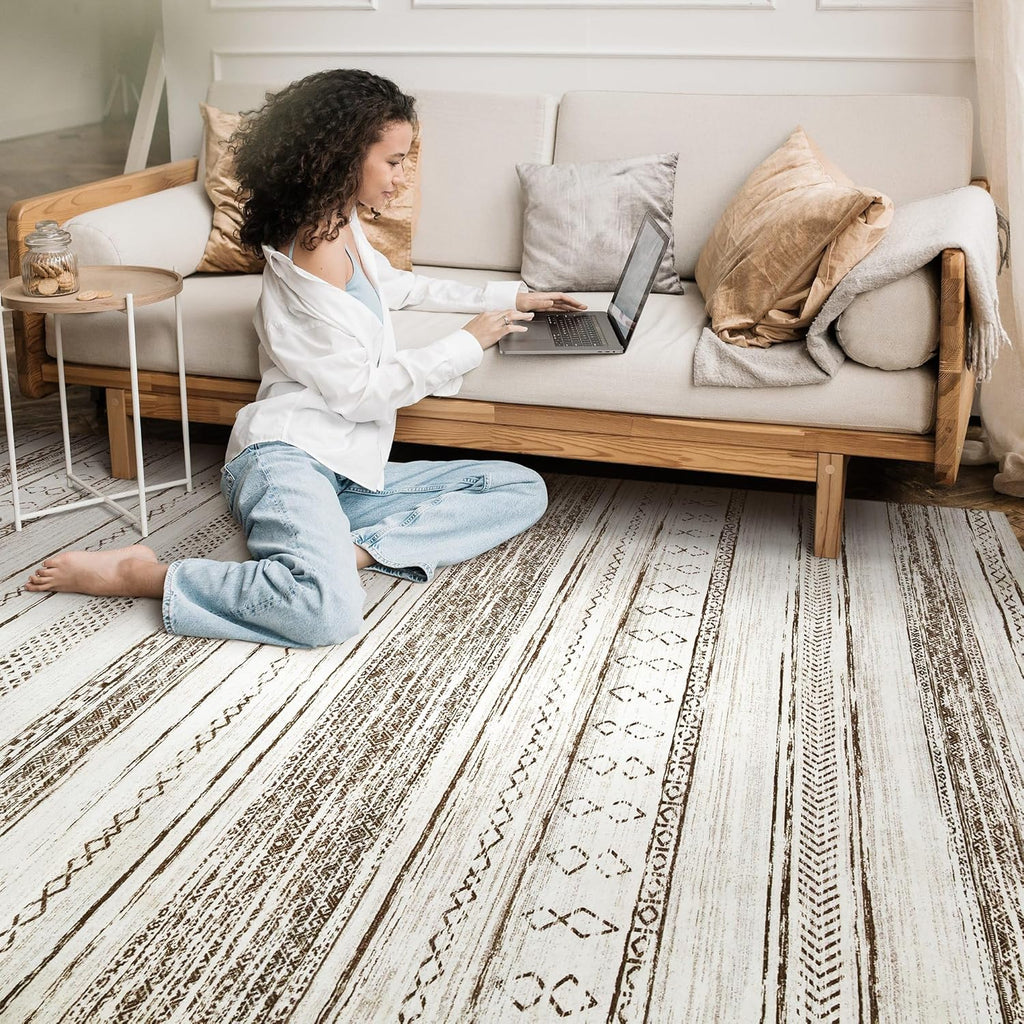 Area Rug Living Room Rugs - 5x7 Washable Large Soft Neutral Boho Moroccan Bohemian Farmhouse Rug Indoor Floor Carpet