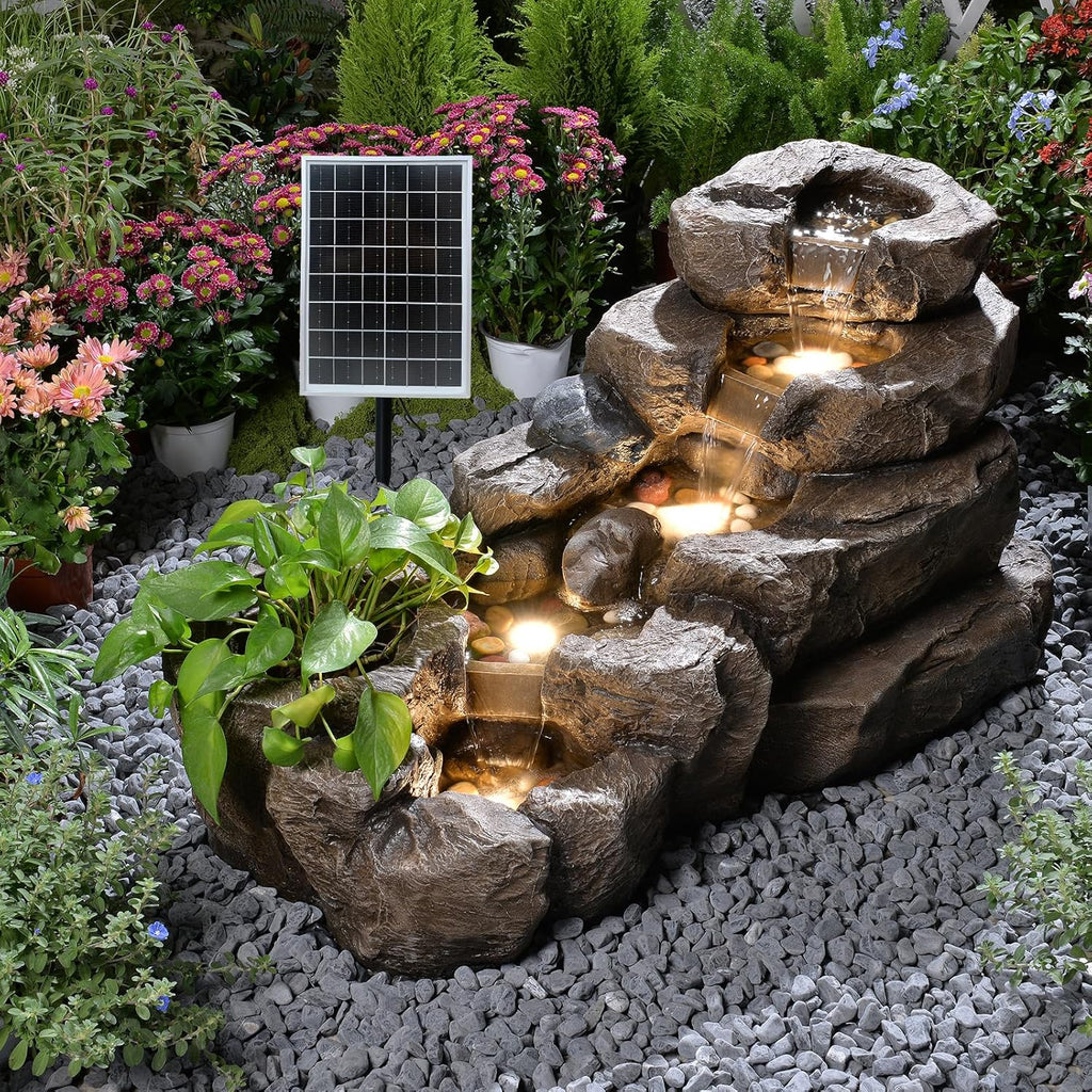 38.2" L Solar Water Fountain Outdoor Garden 5 Tiers Floor Standing Rock Natural Waterfall Outdoor Fountains with LED