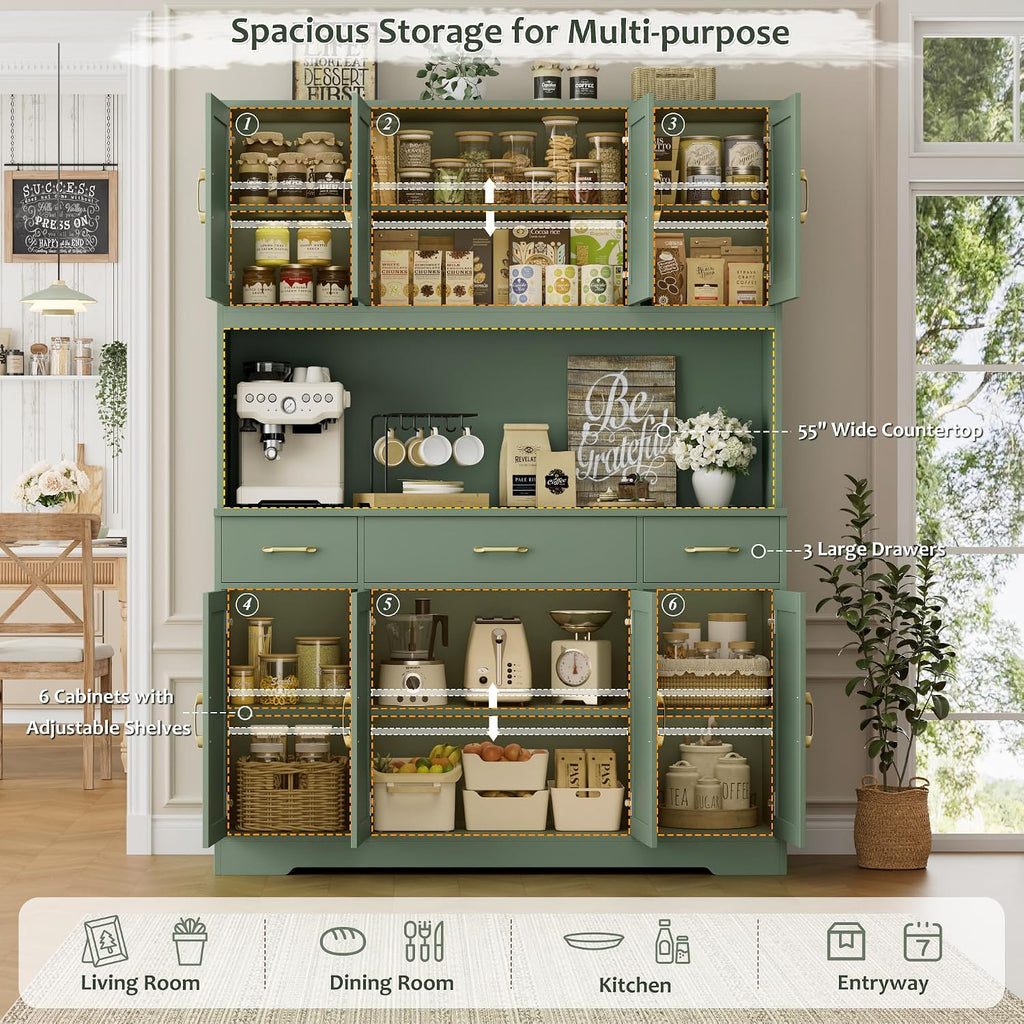 71" Tall Kitchen Pantry Storage Cabinet, 55" W Kitchen Hutch, Green | Large Pantry Cabinet with Charging Station /