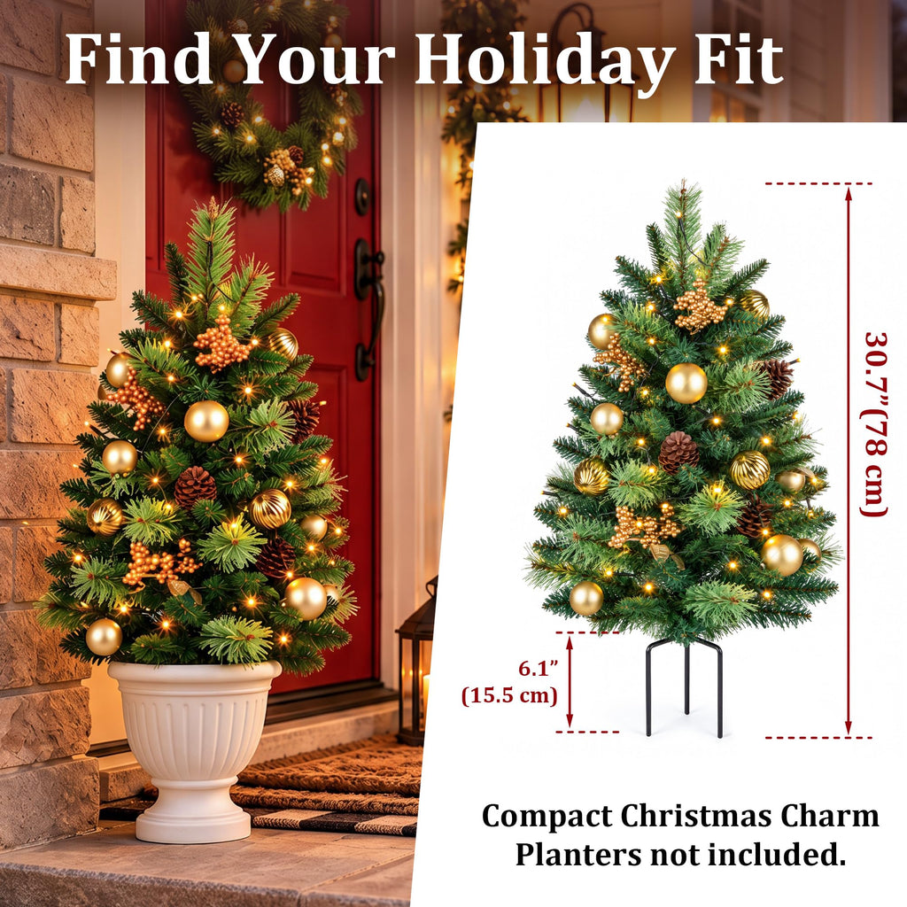 30" Christmas Urn Fillers with Lights for Outdoor Planters, Gold Accents