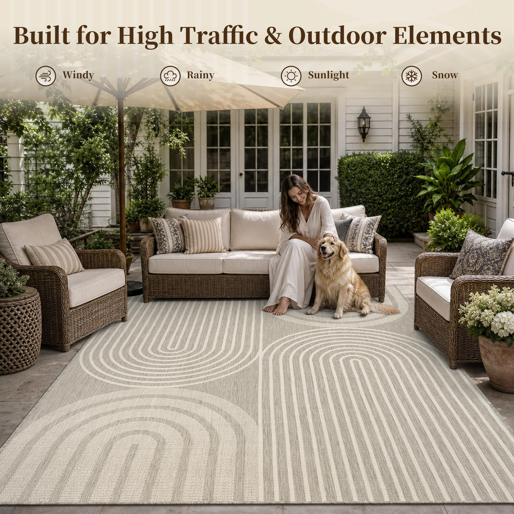Grey Outdoor Rug-Patio Rug 8x10 ft Polypropylene Indoor Outdoor Rugs Outdoor Carpet Deck Balcony Porch, Textured