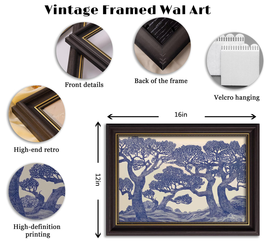 Vintage Gold Framed Wall Art Oak Tree Forest Painting Canvas Prints Blue Woodland Nature Landscape Picture Moody