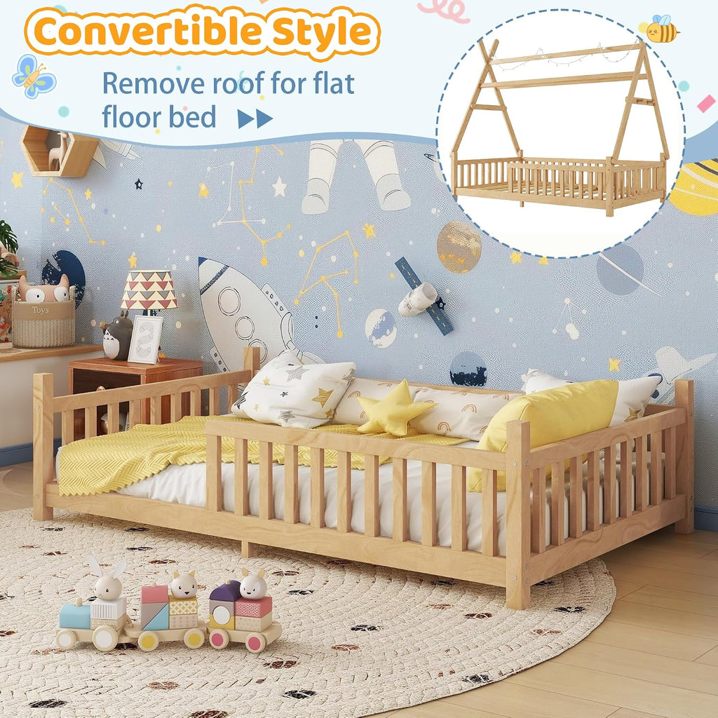 Teepee Floor Bed for Kids, Twin Size Tent Beds with LED Light & Hanging Rack, Detachable Montessori Floor Bed