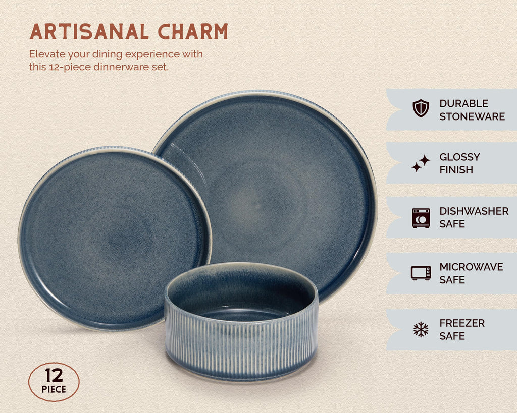 Ceramic Dinnerware Set, by , 12-Piece Service for 4, 9.8" Dinner Plates, 8" Salad Plates, 20 oz Bowls, Ombre Reactive