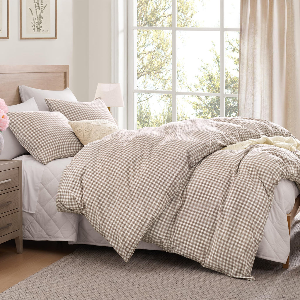 Tan Gingham Duvet Cover, 100% Wash Cotton Bedding Set 3 Piece