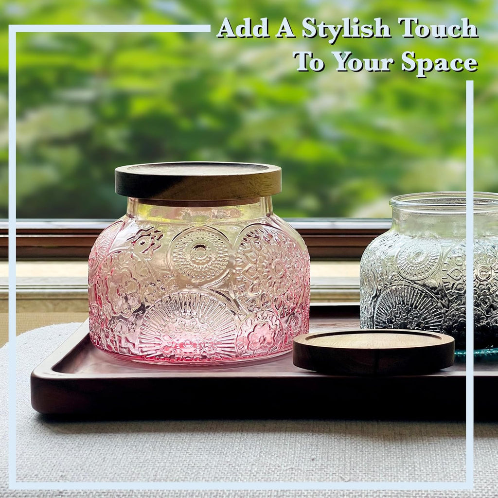 Decorative Pink Embossed Glass Jar with Airtight Wooden Lid, 40 fl. oz