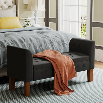 Storage Bench End of Bed Button Tufted Upholstered Bench Storage Ottoman Bench with Arms 52" Settee Bench Gray Linen