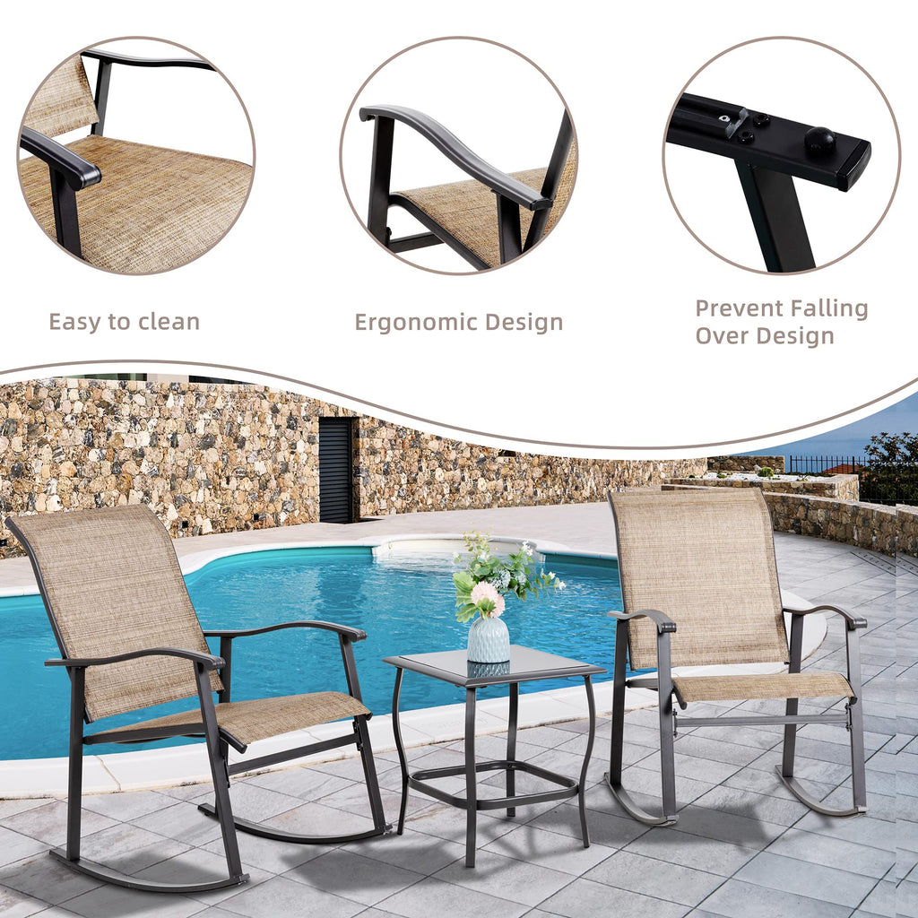 3 Piece Outdoor Rocking Bistro Set, Textilene Fabric Small Patio Furniture Set, Front Porch Rocker Chairs