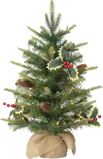 International Pre-Lit 2' Table Top Artificial Christmas Tree with Pine Cones in Tan Sac, Green