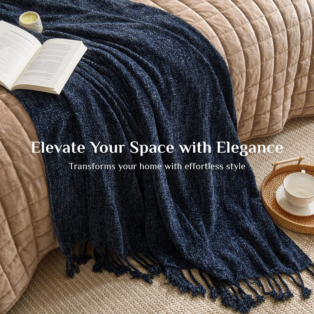 Soft Cozy Chenille Knit Throw Blanket with Tassel, 50 * 60 Navy