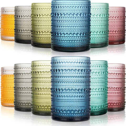 Colored Hobnail Drinking Glasses Set of 12, 15oz&12oz Kitchen Vintage Glassware, Embossed Beaded Water Tumbler for