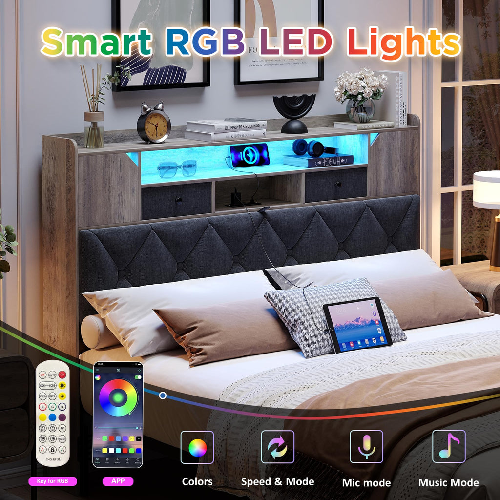 Headboard for Queen Size Bed with Storage, Upholstered Headboard Only, Wood Head Board with Charging Station and Led