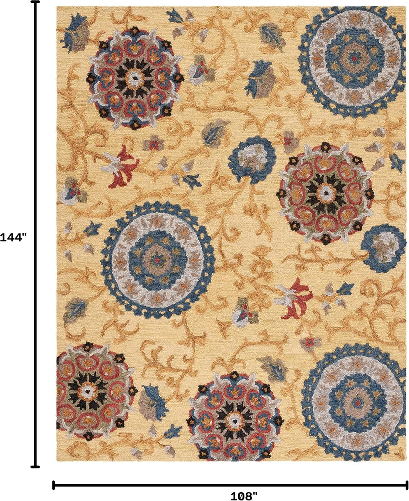 Blossom Collection Area Rug - 9' x 12', Gold & Multi, Handmade Wool, Ideal for High Traffic Areas in Living Room
