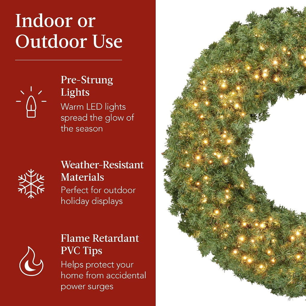 36in Large Artificial Pre-Lit Fir Christmas Wreath Holiday Accent Decoration for Door, Mantel w/Red Lighted Bow, 150