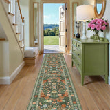 2x10 Extra Long Hallway Runner - Green Boho Washable Rug with Non-Slip Backing, Vintage Floral Low P