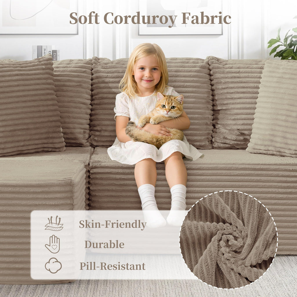 Cloud Modular Sectional Sofa with L-Shaped, Boneless Couches, Fluffy Comfy Corduroy Deep Seat with Ottoman, Bedroom