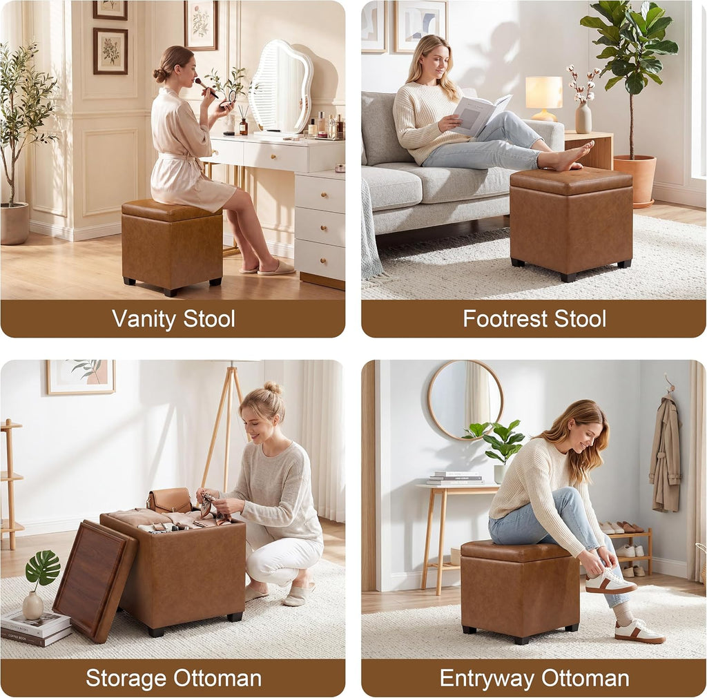 15 inch Square Storage Ottoman with Tray Lid,Modern Tufted Faux Leather Cube Coffee Table with Storage,Upholstered