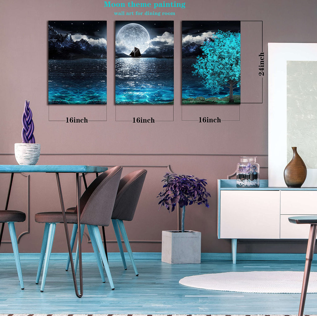 Moon Wall-Art - Teal Wall Art - Ocean Tree Home Wall Decor 3 Pieces Framed Canvas Art 16x24 Inches