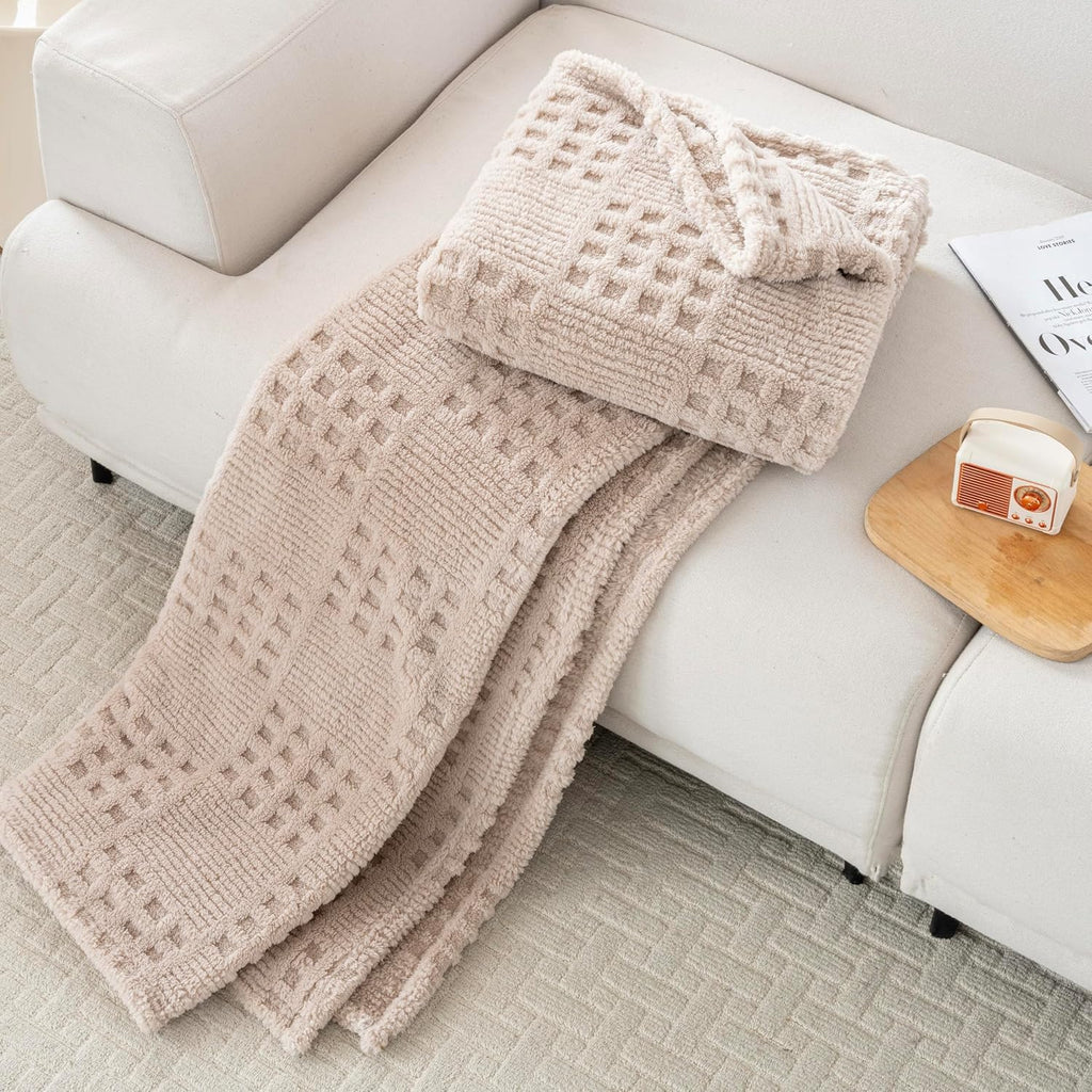 50x70 Inch Waffle Brown Throw Blanket -Fluffy Fleece, Neutral Tan Color, Cute & Aesthetic, Chair, Bed, Living Room &