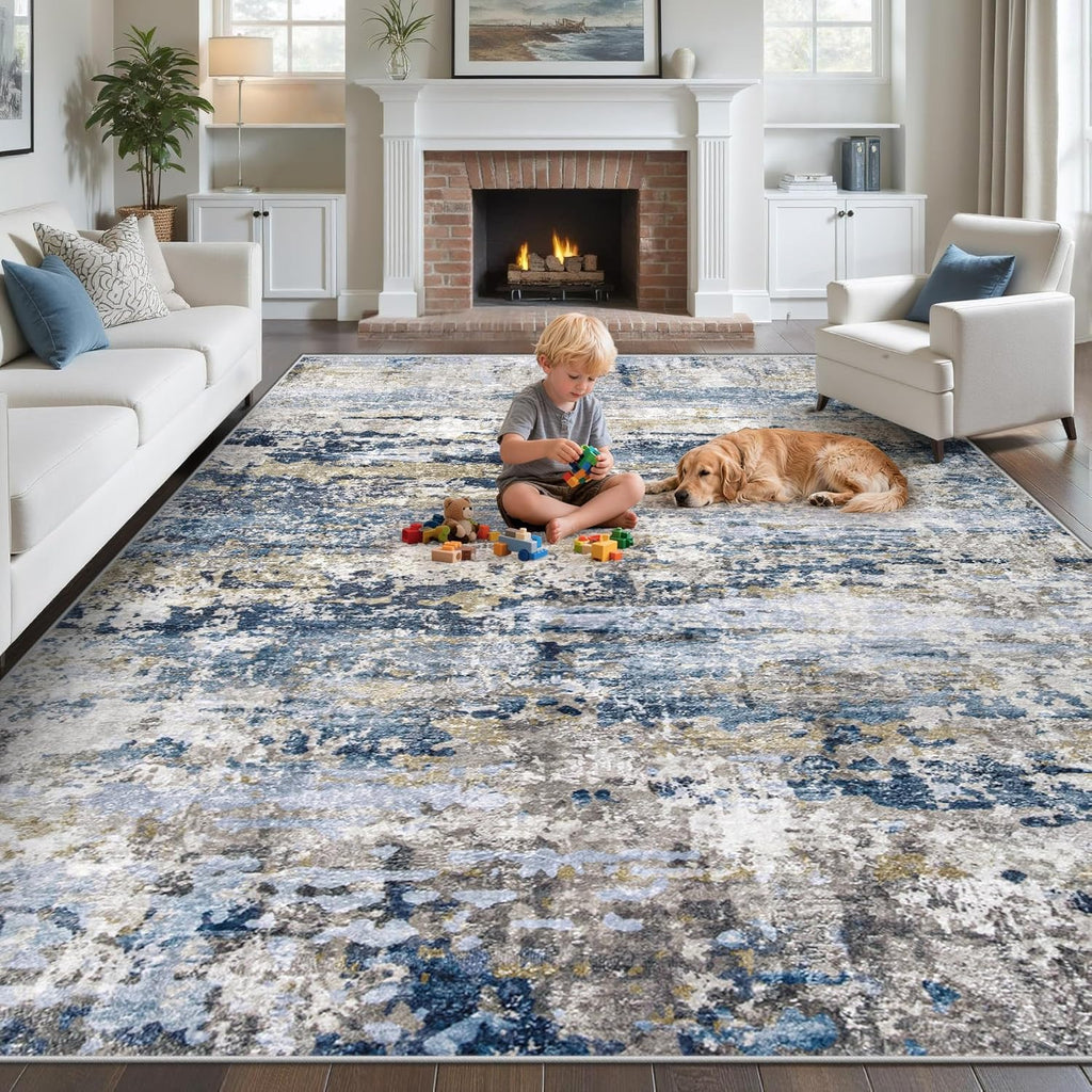 Area Rugs 9x12 for Living Room: Washable Rug Modern Abstract Neutral Soft Non-Slip Low-Pile Indoor L