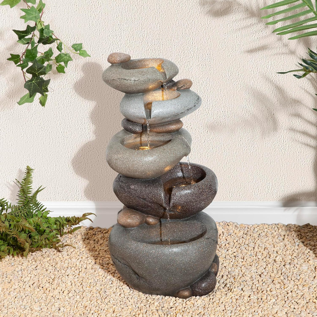 Water Fountain Outdoor, 5-Tiered Stacked Pebbles Outdoor Fountain with LED Lights and Pump, 24.5" H Zen Style