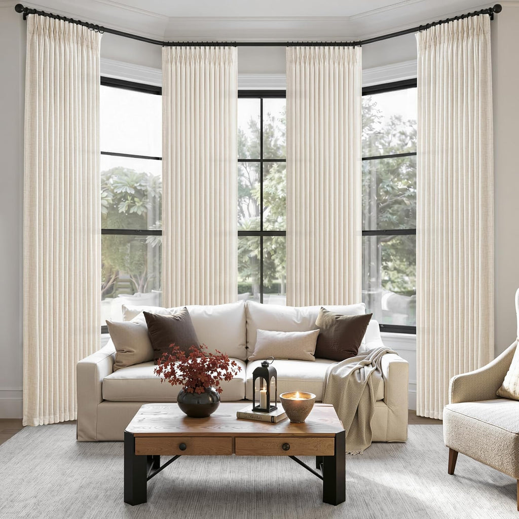 Pinch Pleated Linen Viral Curtains 4 Panels Set for Living Room 96 Inches Long, Birch Memory Trained Pleat Light