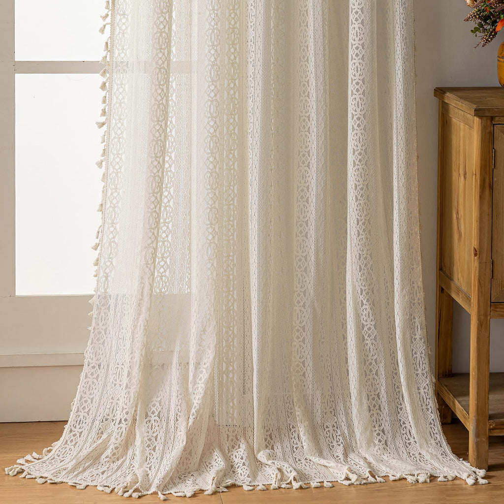 Beige Sheer Living Room Curtains, 72 Inch Long, 2 Panel, Rod Pocket, Vintage, French Country, Privacy, Boho Cotton