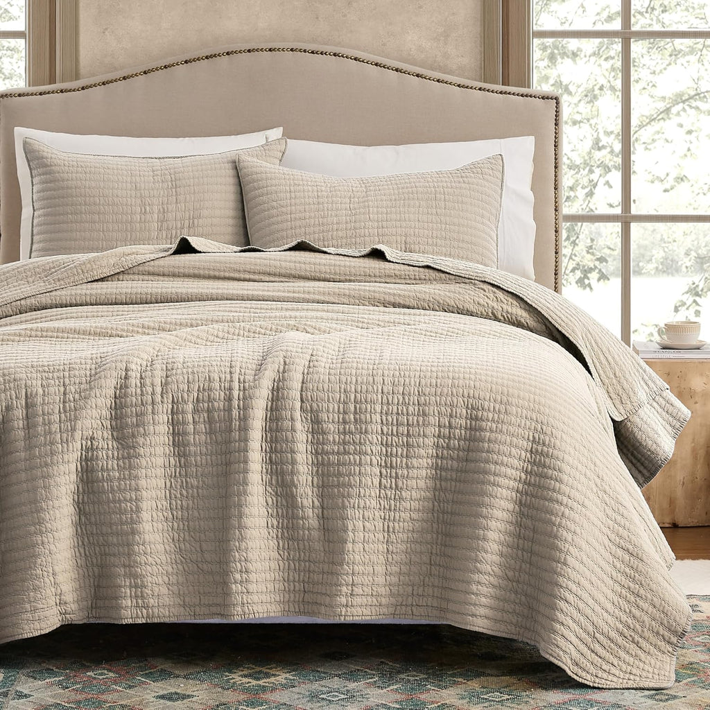 100% Cotton Queen Quilt Set - Beige Neutral Striped Pick Stitch Soft Lightweight Bedspread, Textured Like Linen