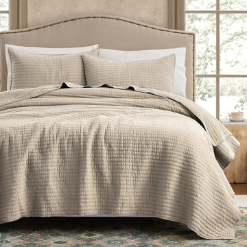 100% Cotton Queen Quilt Set - Beige Neutral Striped Pick Stitch Soft Lightweight Bedspread, Textured Like Linen