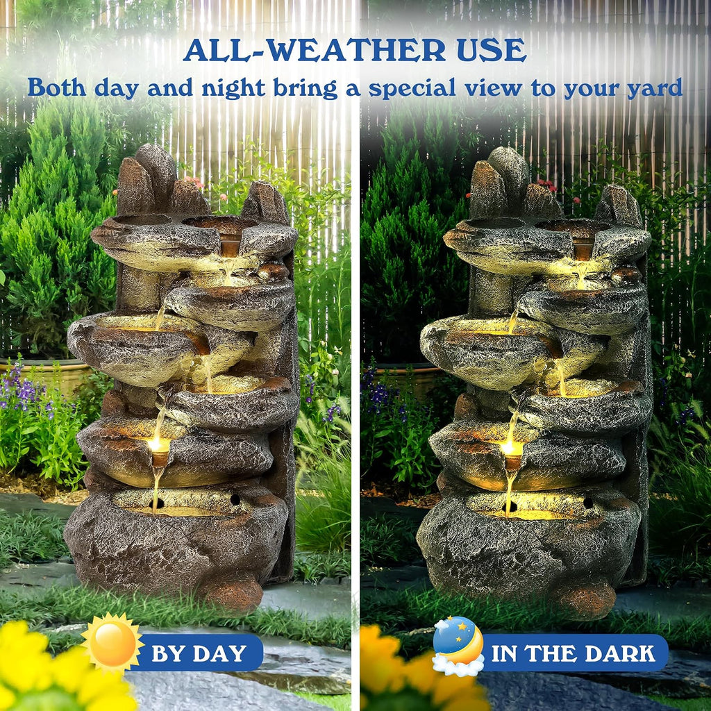 Outdoor Cascading Rock Water Fountain, 6-Tier Fountain and Waterfall | Garden Freestanding Resin Waterfall Feature