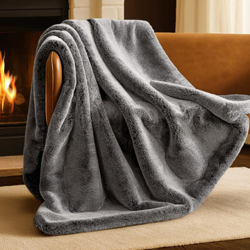 Faux Fur Blanket (Throw, Variegated Grey) | Ultra-Soft Luxurious, Cozy Warm Blanket for Couch, Sofa, Chair, Bed