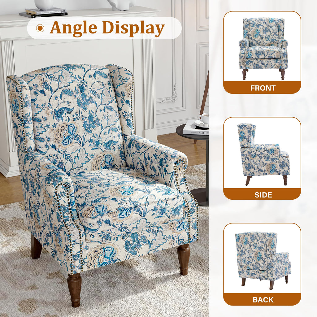 Wingback Accent Chairs Set of 2, High Back Upholstered Armchair, Boho Blue